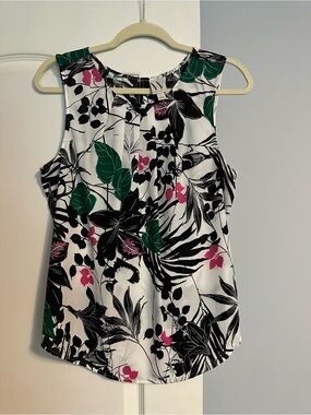 Worthington White Floral Print Sleeveless Shell with Black, Green & Pink Accents